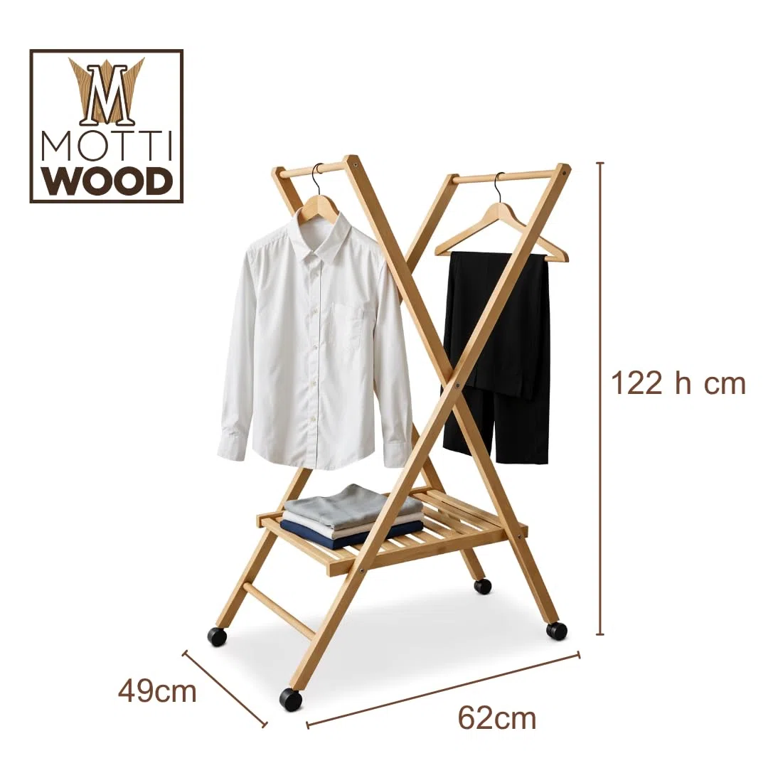 Mottiwood STIRA & APPENDI, Carrello Appendiabiti, Pieghevole e Salvaspazio, 100% Legno Faggio, Stendino, Ruote Multi direzionali, 62,49x122hcm, Omino Appendiabiti, Made in Italy