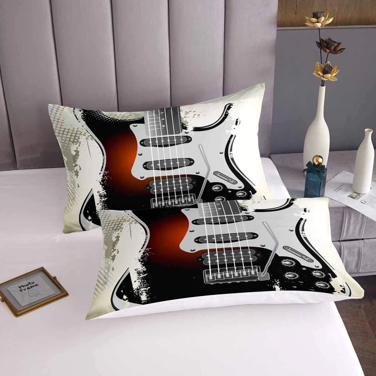Set di biancheria da letto per chitarra e chitarra con tema musica rock, strumento musicale, biancheria da letto e biancheria copriletto singolo, con 1 federa