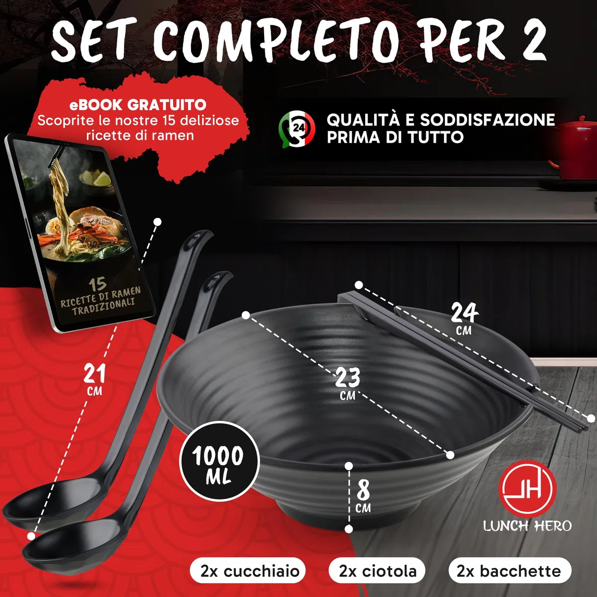 2x Set Ciotole Ramen I Set Ramen Bowl 1000ml di Alta Qualità I Set Ciotole Giapponesi da Tavola Tradizionali I Piatti Giapponesi con Ciotola Ramen Cucchiaio Bacchette