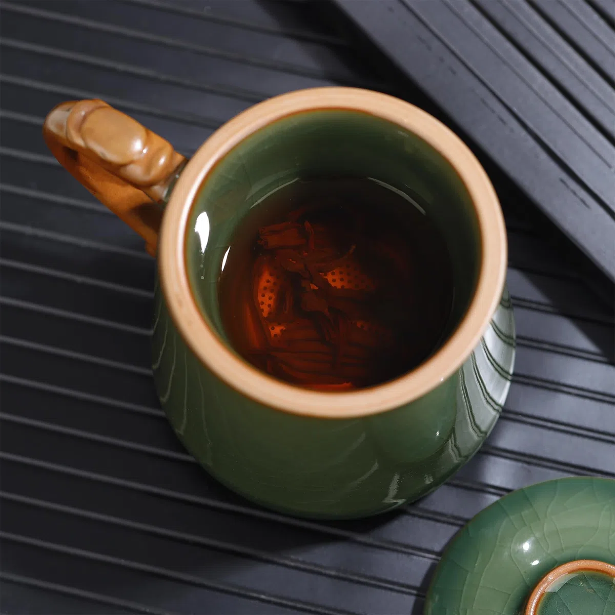 fanquare Tazza da Tè in Ceramica con Infusore e Coperchio Tazze da Tè Cinesi a Smalto Verde Tazza Grande per la Macerazione del Tè per Regali Casa 450ml