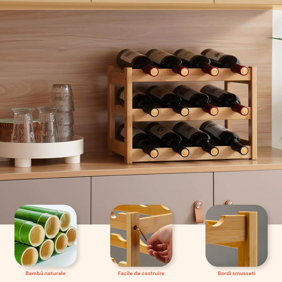 AviliaHome Portabottiglie Vino in Bambù 12 Bottiglie - 3 Ripiani Salvaspazio & Design Ecologico, Compatto 42x21x28cm- Montaggio Facile & Veloce - Perfetto per Cucina, Cantina, Soggiorno