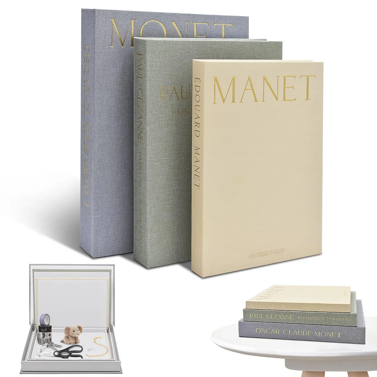 3 Pezzi Libri Decorativi Arredamento Stanza, Libris Finti in Lino Scatola Portaoggetti con Chiusura Magnetica, Moderno Impilabile Libri Falsi per Tavolino da Caffè Scaffale (Grigio)