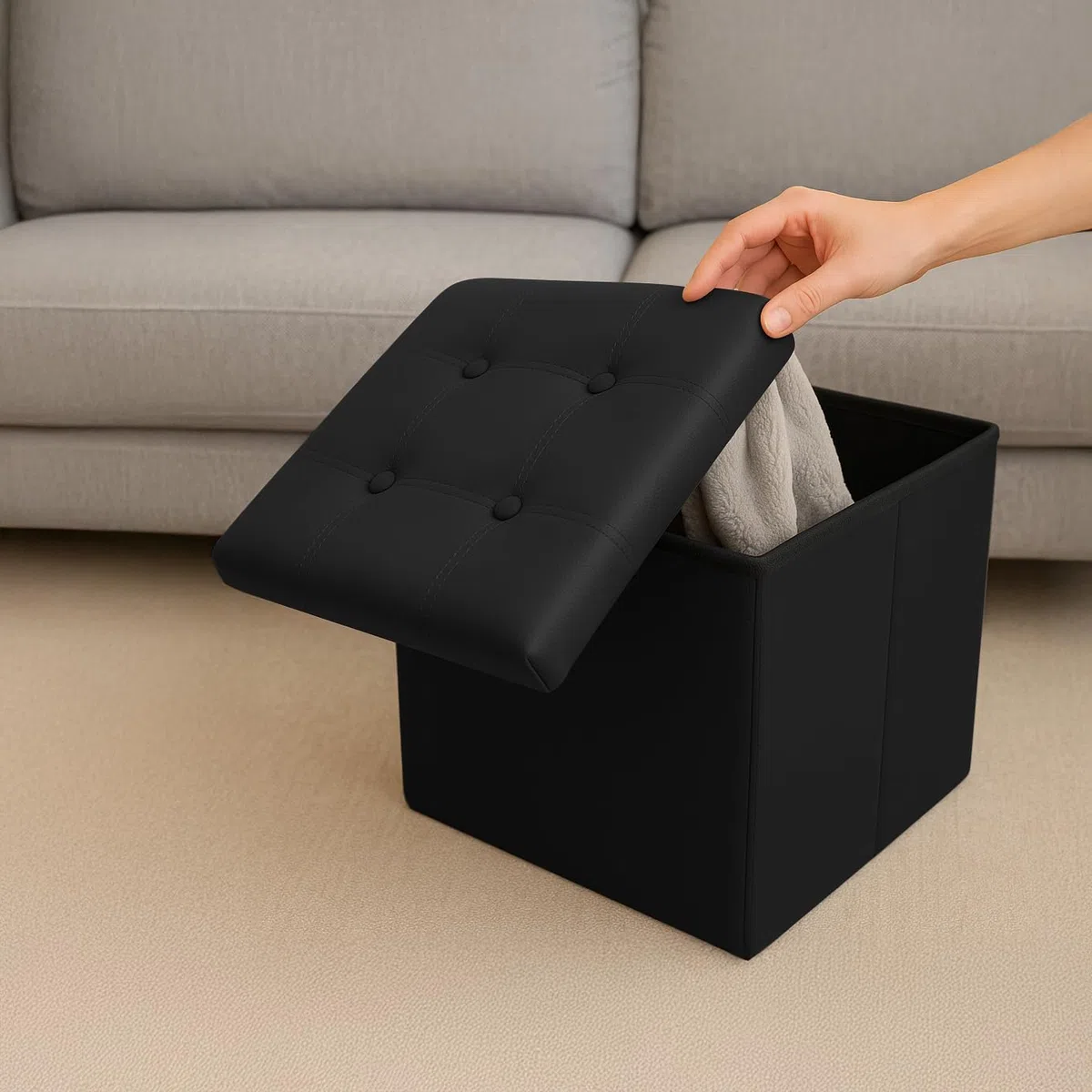 Ruhhy Pouf pieghevole, 54 l, in velluto, 60 x 30 x 30 cm, nero, portata fino a 80 kg, seduta e conservazione per soggiorno e camera da letto