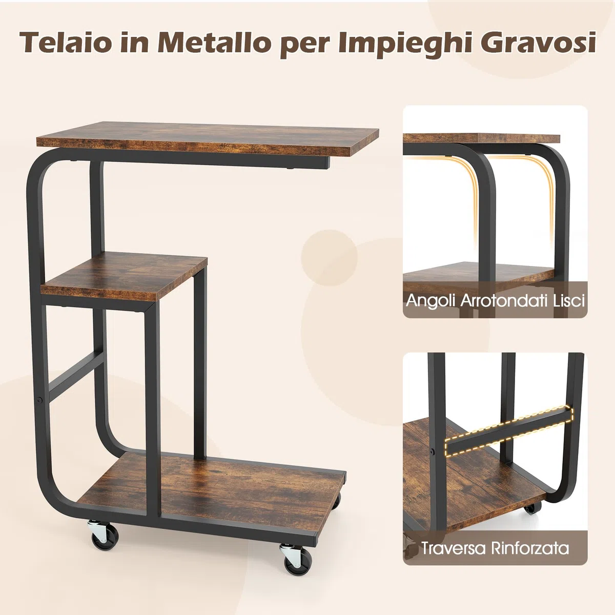 COSTWAY Tavolino Laterale a Forma di C, Tavolino da Salotto con Ruote Bloccabili, Ripiani Aperti e Struttura in Metallo, Tavolino Salvaspazio per Camera da Letto e Soggiorno (1)