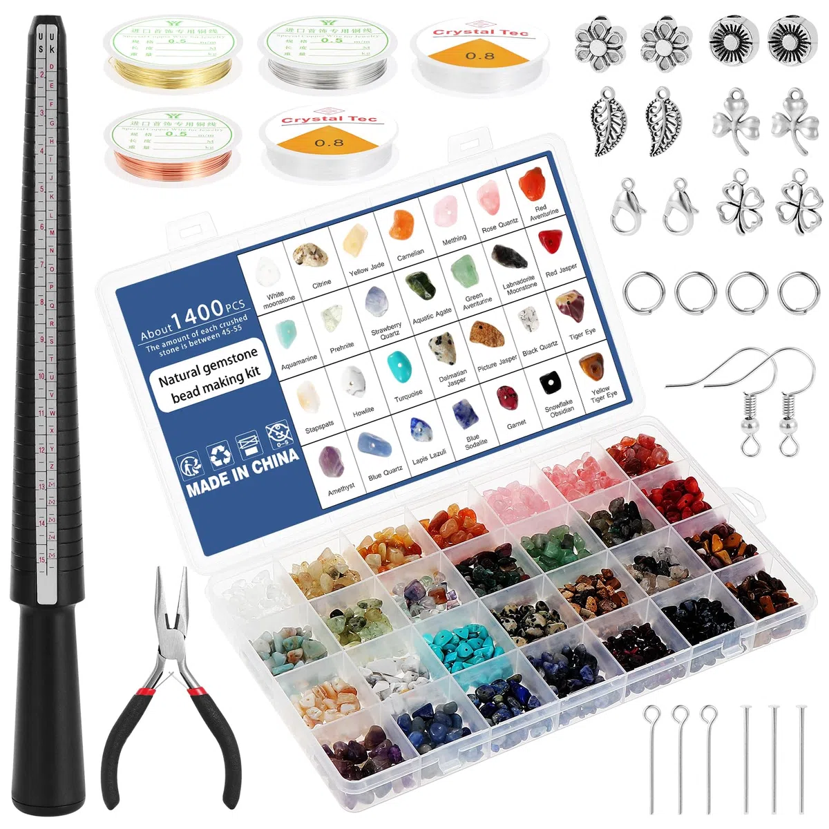 Knpwer 1600+Perline di cristallo per la creazione di gioielli, 28 colori perline di cristallo di pietra preziosa che fanno kit, con perline di scaglie di pietra naturale, filo per gioielli, pinze