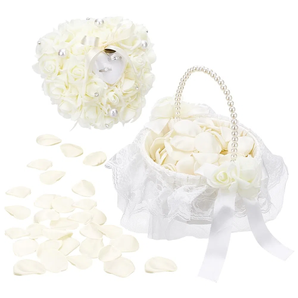 PH PandaHall 1 Set Cesto per Damigelle da Sposa Cesto Nuziale di Perle con Petali Artificiali Cuscino Espositore per Anelli Accessori per Decorazioni Nuziali per Matrimoni