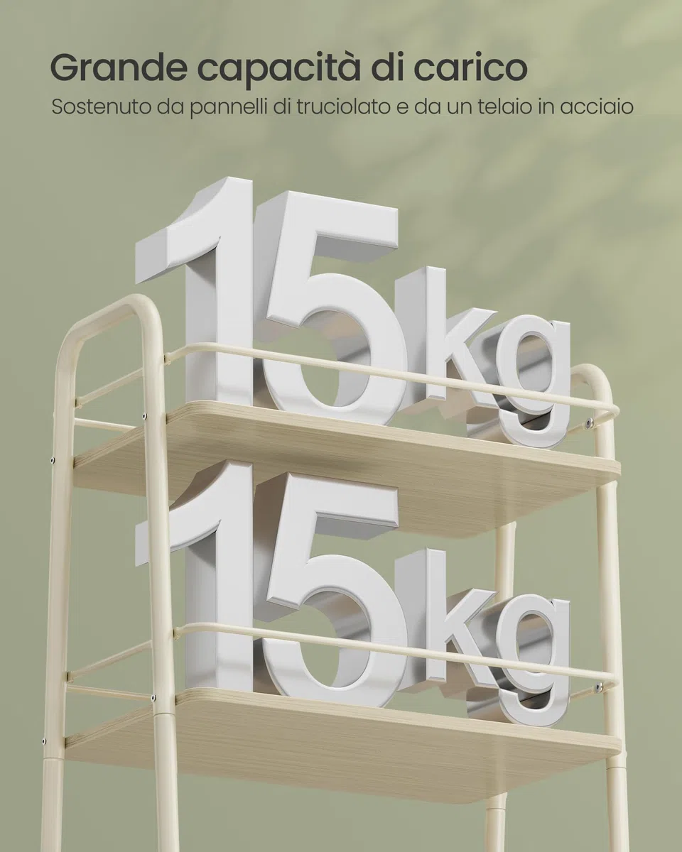 VASAGLE LILEA Collezione - Carrello Portaoggetti con Cesto in Tessuto, Carrello a 3 Ripiani con Ruote, Carrellino per Soggiorno Camera da Letto Cucina, Beige Naturale e Bianco Crema LRC001LL02