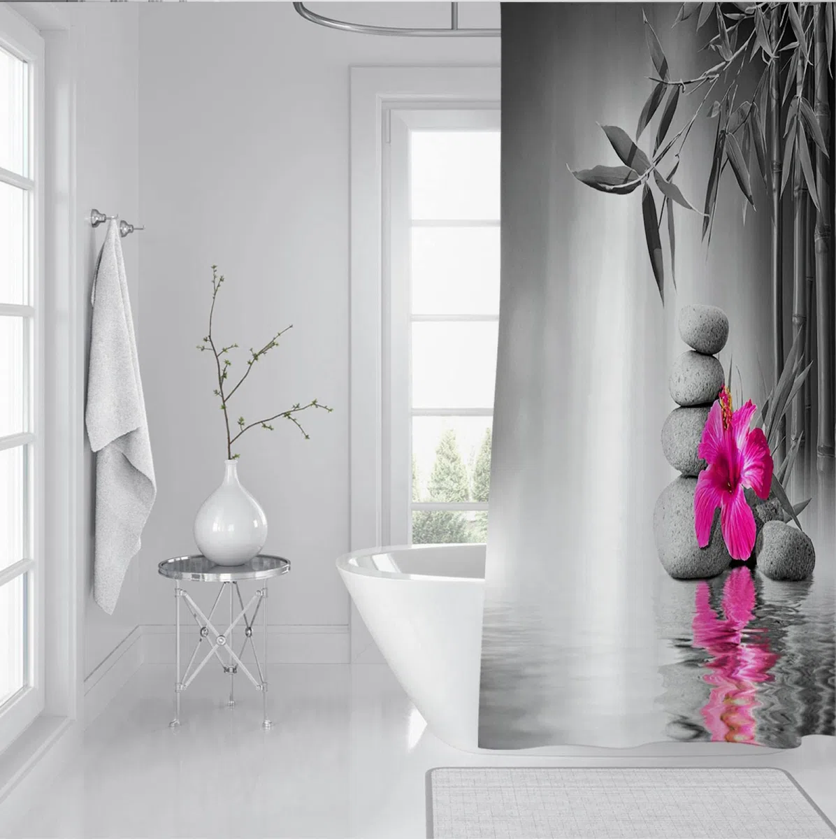 RIVINE Tenda da doccia spa in bianco e nero Set Stone Green Bambù viola Fiore di loto riflesso in acqua Bagno Vasca da bagno Home Decor W100xL160cm