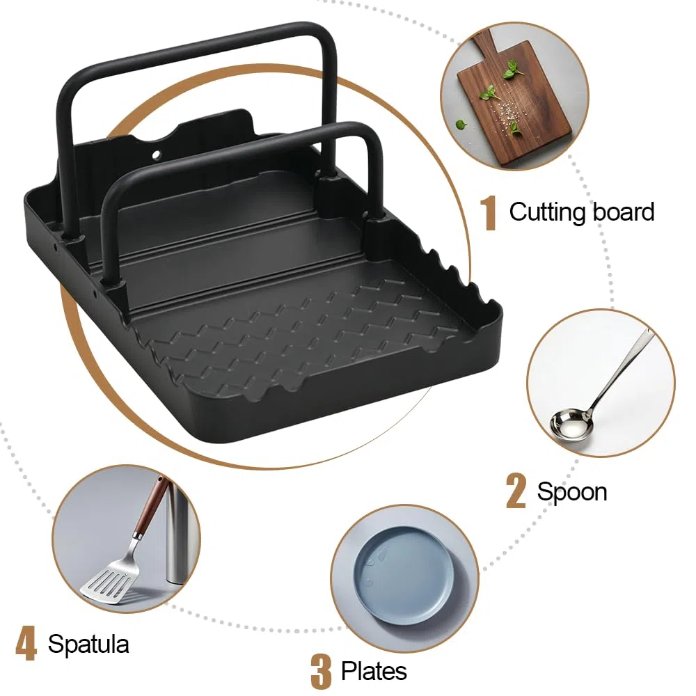 MiOYOOW Supporto per Coperchio di Pentola in Alluminio, Porta Coperchi Antiscivolo con Poggia Cucchiaio, Organizer Regolabile da Cucina per Teglie da Forno, Pentole, Piano Cottura, Barbecue