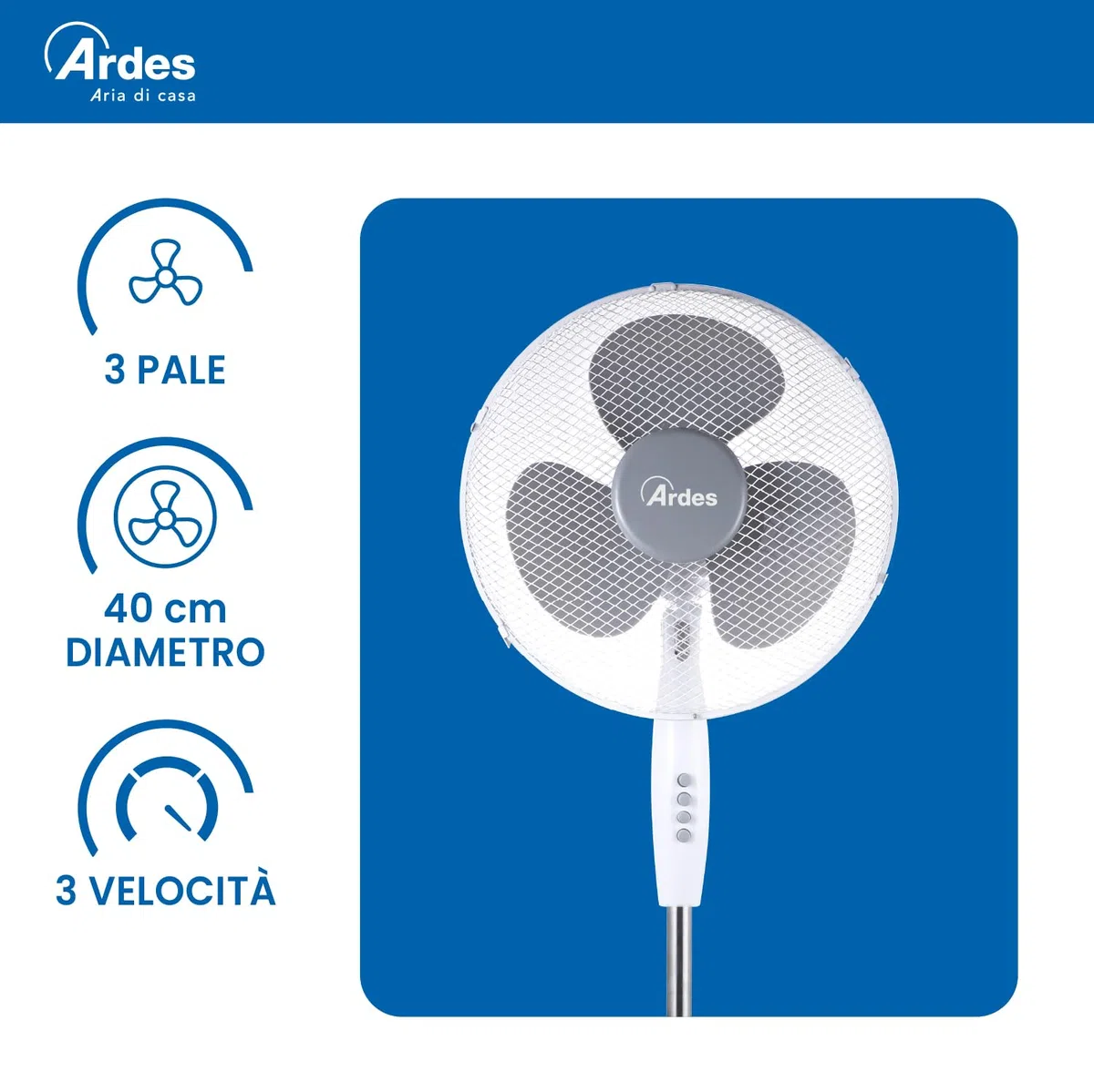 ARDES - AR5BR40PB Ventilatore a Piantana Silenzioso 3 Pale BRISA 40PB - Ventilatore Ardes Piantana Oscillante e Inclinabile con Pannello Manuale - Ventilatore a Stelo 3 Velocità e Altezza Regolabile
