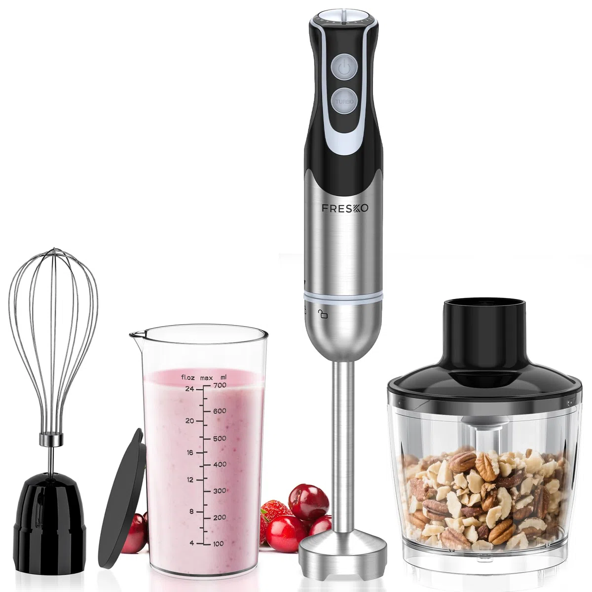 Frullatore a Immersione 4-in-1, 1000W Mini Frullatore a Mano in Acciaio Inossidabile 304, con 12 Velocità e Modalità Turbo, Antispruzzo Design, Include Misurino, Tritatutto e Frusta (HB3302)