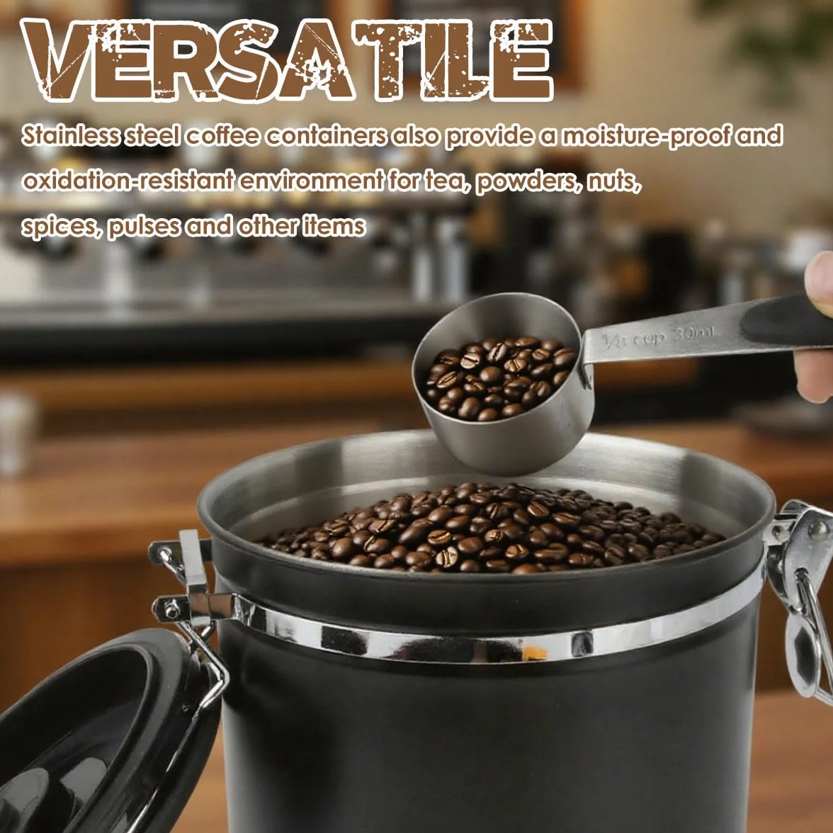 Inossidabile 304 Contenitore per Caffè, Barattolo Caffè Ermetico con Cucchiaio, Contenitore per Chicchi di Caffè, Barattolo Caffe Ermetico 2,8L, Chicchi di Caffè, Tè e Noci - Nero