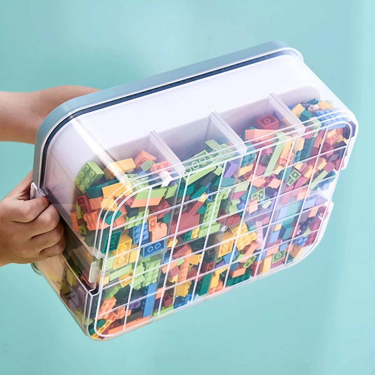 2 Strati Scatole Impilabili con Coperchio per Costruzioni mattoncini Contenitore Contenitori Portaoggetti per Bambini Scatola Giochi con Scomparti Organizer Puzzle per Riporre i Giocattoli