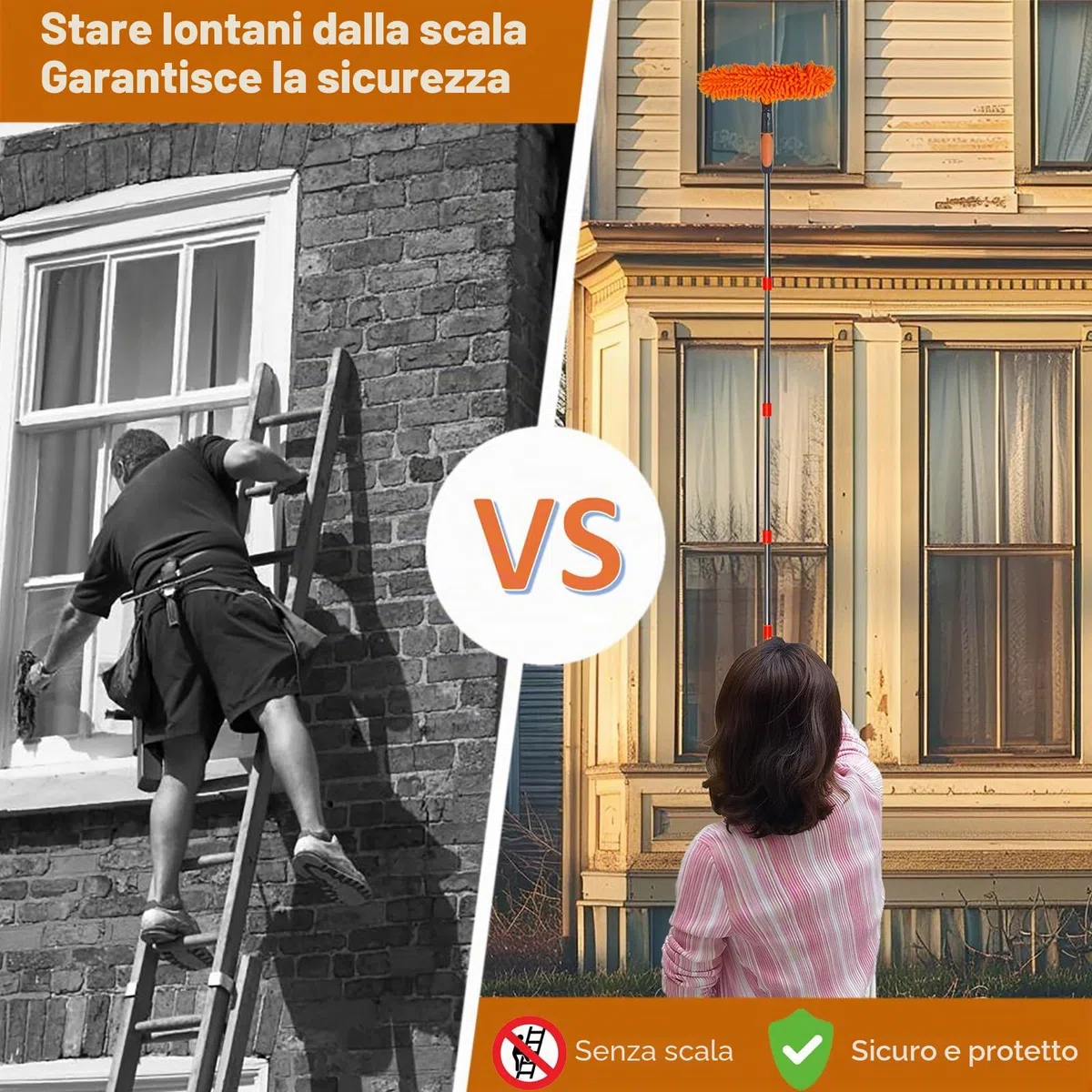 6,1 m + Reach lavavetri Duster 2 in 1, kit di strumenti per la pulizia dei vetri ruotabile con asta di estensione da 0,9 a 4,3 m, attrezzatura per il lavaggio dei vetri per interni ed esterni, 3