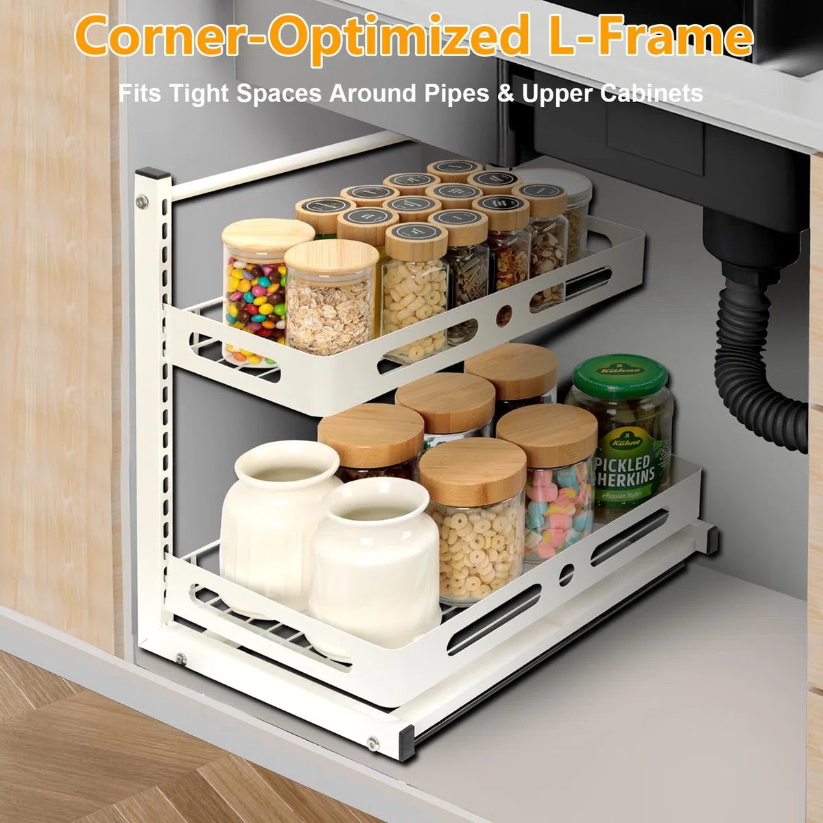 VINATO Organizer Sottolavello Cucina, 2 Livelli Metallo Organizzatore Cassetti Cucina, Regolabile in Altezza Scaffale Organizzatore Sotto Lavello, Organizer Detersivi per Bagno, Spezie, Bianco