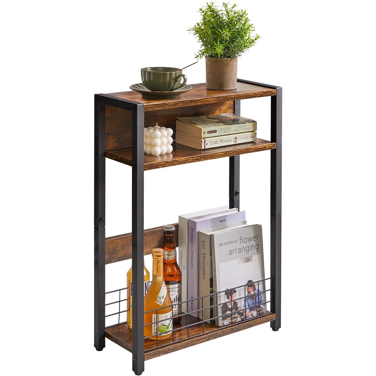 IBUYKE 3 Ripiani Tavolino Piccolo Per Piccoli Spaz,Tavolino Da Divano Con Ripiani Per Riviste,Con Ripiano Portaoggetti, Comodino Moderno Per Soggiorno Camera Balcone Cucina,Marrone TMZ001H