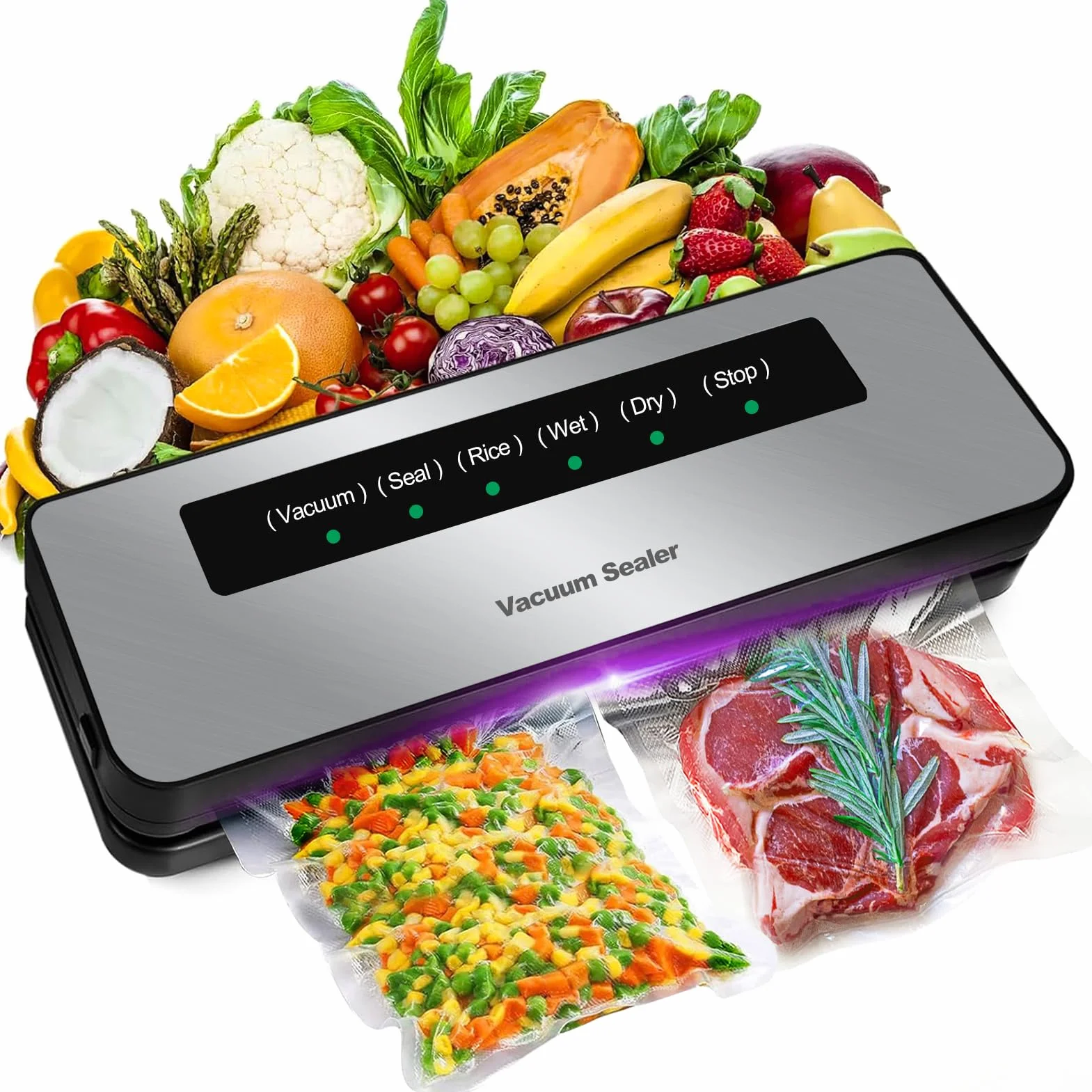 6 in 1 Macchina Sottovuoto per Alimenti, Automatica Sigillatrice Macchina Sottovuoto Alimenti Secchi che Umidi, Vacuum Sealer con 20 Sachetti Sottovuoto e Tubo Sottovuoto
