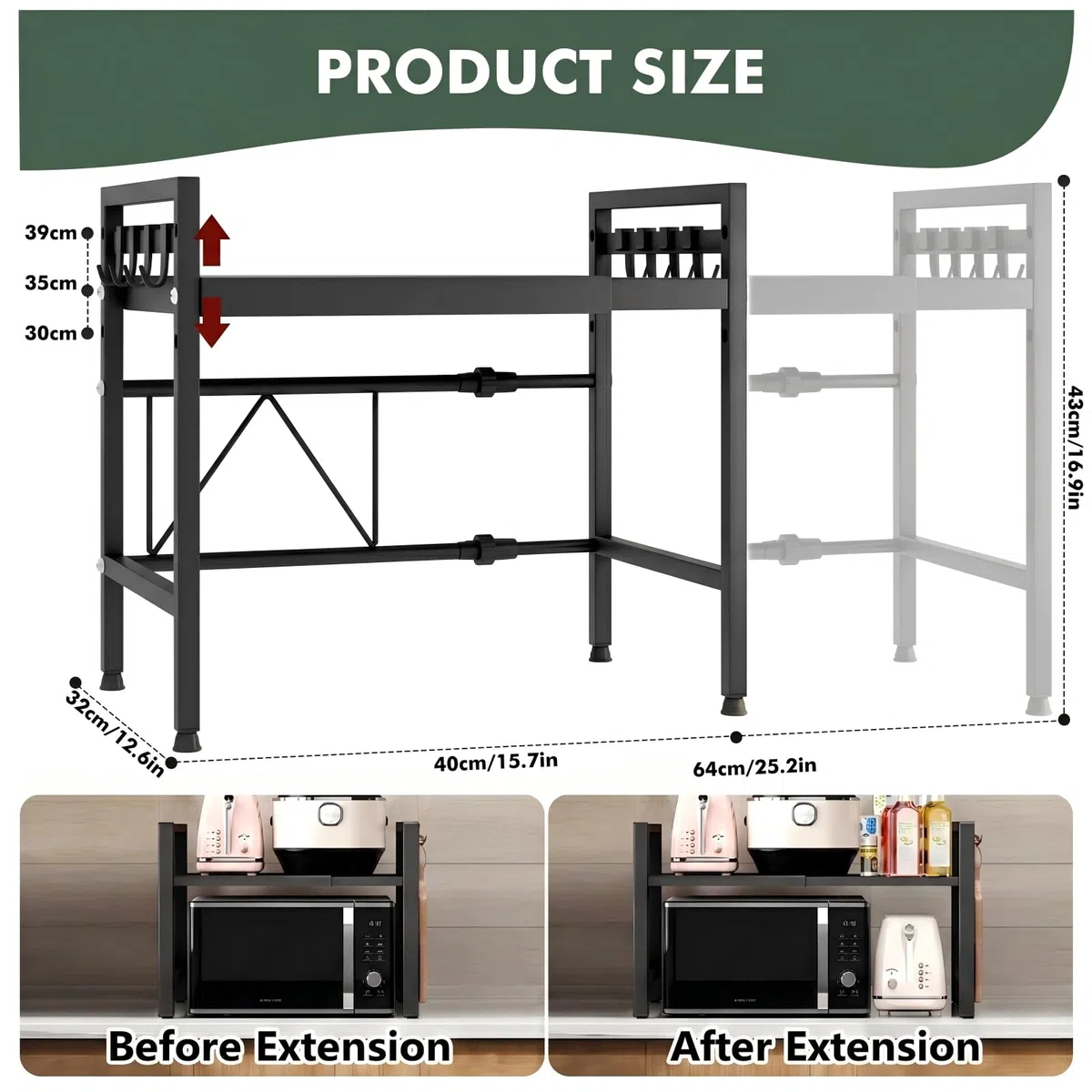 Mensola Microonde, Scaffale da Cucina Estensibile, Supporto Microonde Salvaspazio, Ripiano per Microonde con 6 Ganci 1 Porta Utensili da Cucina, Mobiletto Cucina Microonde Nero