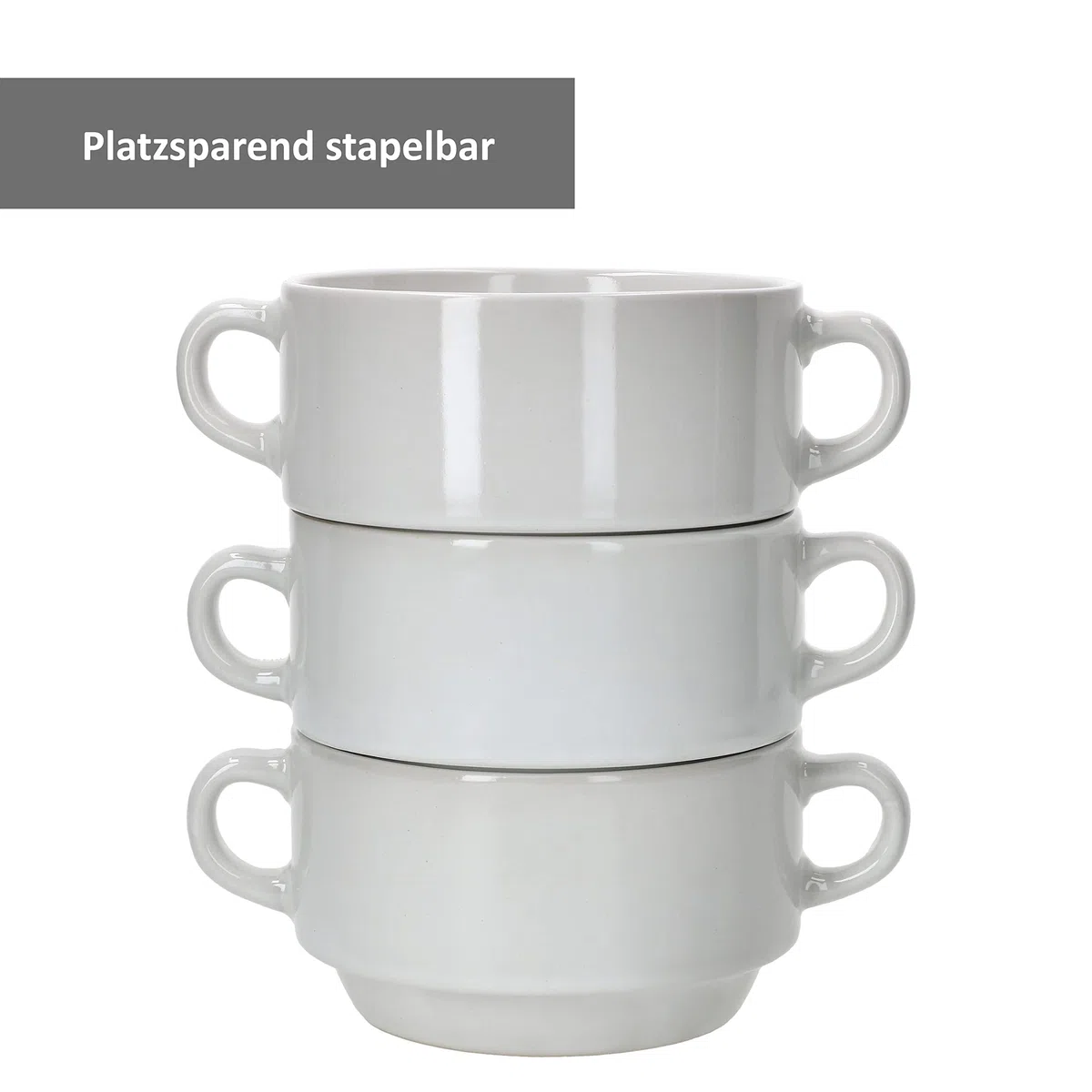 MamboCat Stiva - Set di 6 ciotole da zuppa da 250 ml, colore bianco, per 6 persone, con manico per stufato e zuppa