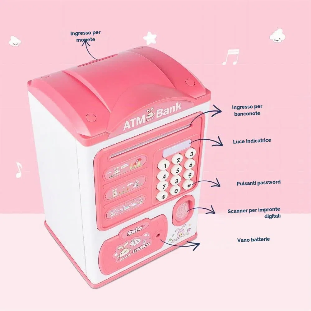 Salvadanaio con impronte digitali e codice password, Salvadanaio per Bambini, Mini Bancomat, Monete e Banconote Cassaforte Cassa di Risparmio, Compleanno Regalo di Natale per Ragazzi e Ragazze (Rosa)