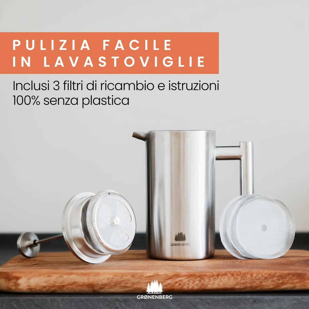 Groenenberg French Press 350ml (2 Tazze) l Caffettiera francese in acciaio inox l Caffettiera pistone con filtri di ricambio e funzione termica