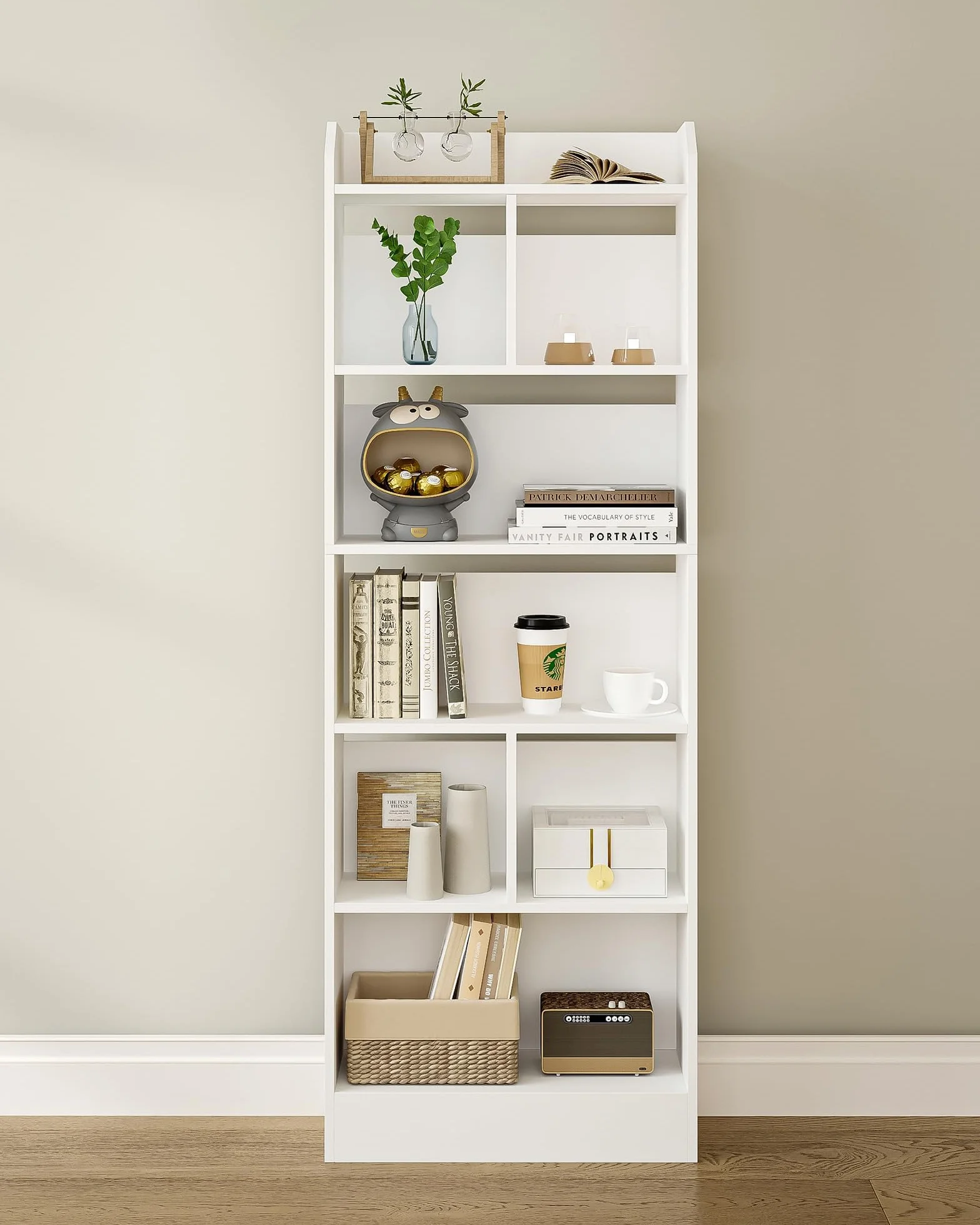 Hzuaneri Libreria a 6 Ripiani, Scaffale con Scomparti e Ripiani Aperti, Organizzatore, Libreria Verticale Mobiletto Multiuso per Soggiorno, Studio, 24 x 60 x 170 cm, Bianco BC11103X