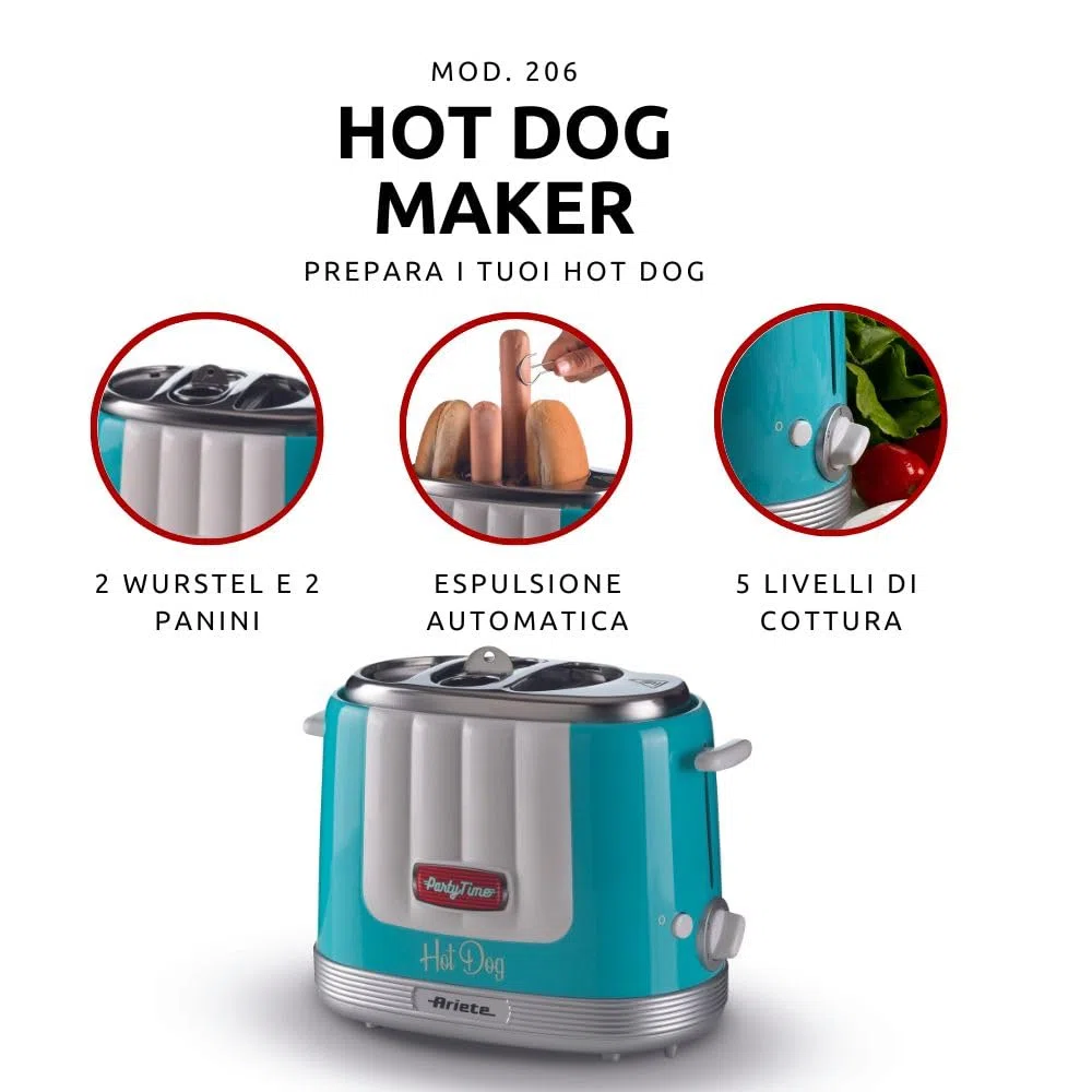 Ariete 206 Hot Dog Maker Party Time, Macchina per fare hot dog, 650 W, 5 livelli di cottura, 4 spazi di cottura, Espulsione automatica, Azzurro