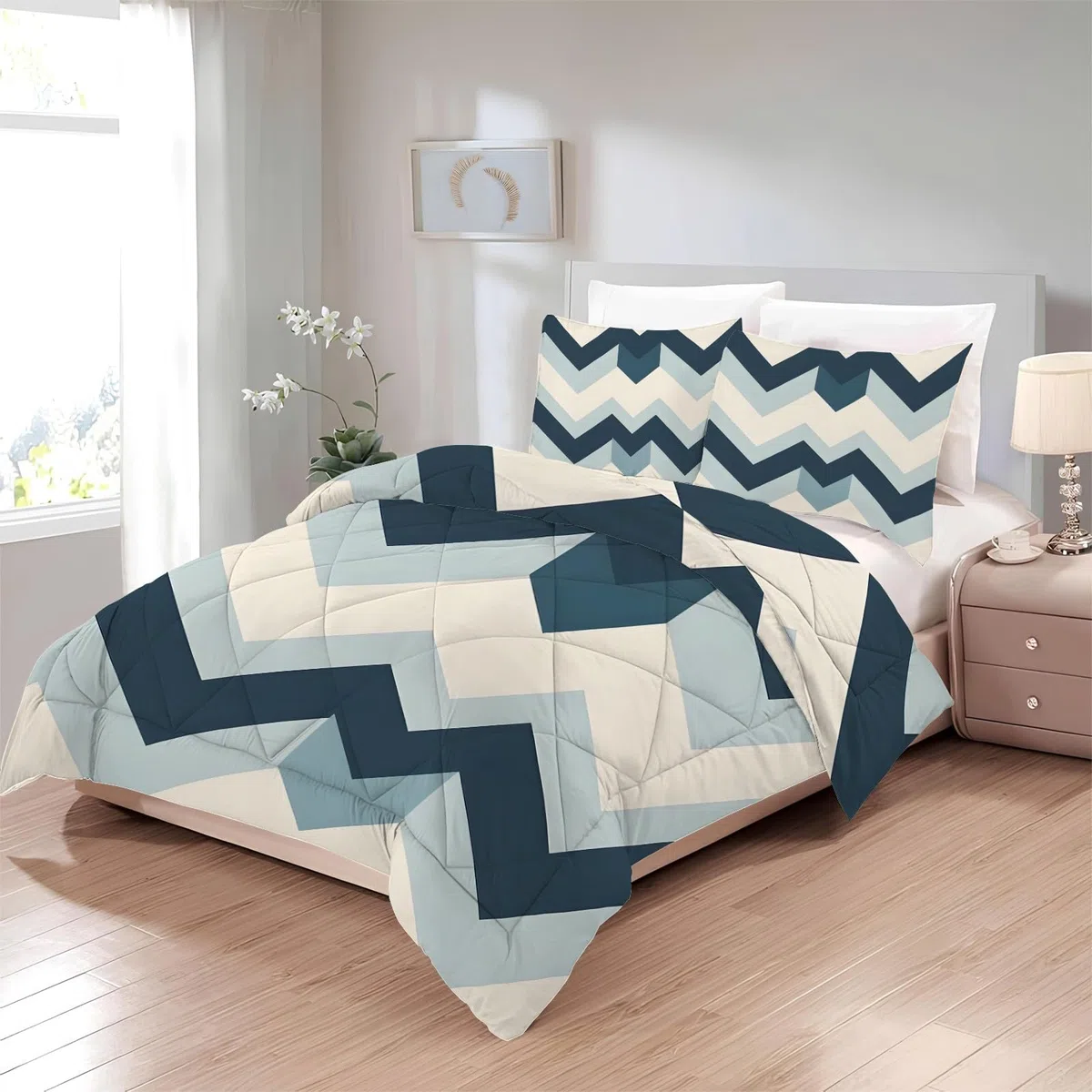 Zigzag Piumino Letto Singolo 4 Stagioni, Geometria Reversibile Piumino Leggero e Morbido, Trapunta in Microfibra Caldo e Traspirante, Acquerello Piumone 135x200 Lavabile, U-610