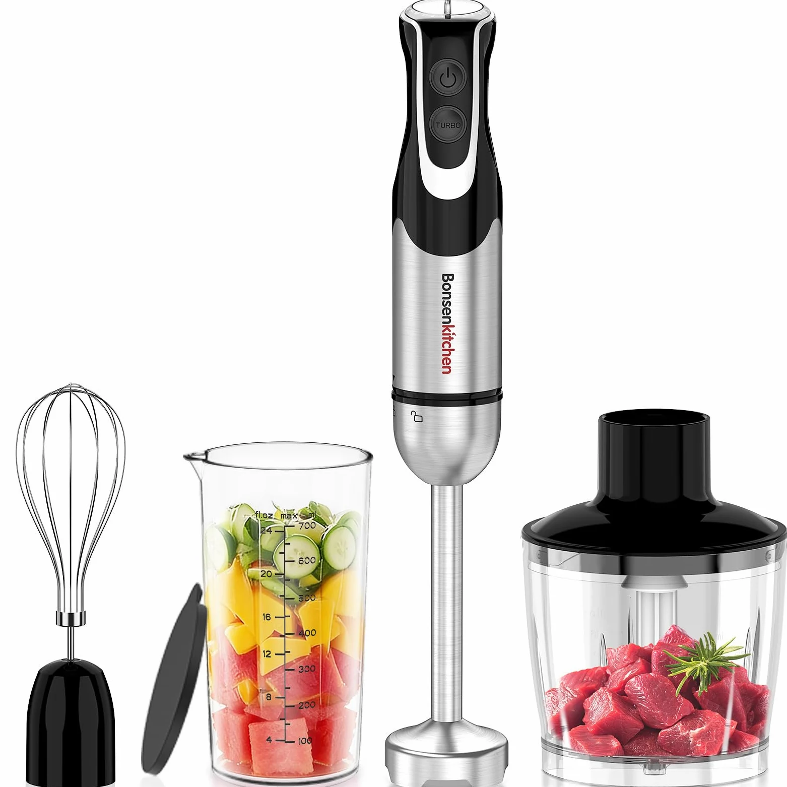 Bonsenkitchen Frullatore a Immersione 4 in 1, 1000W Inox con 12 Velocità e Turbo, Include Frusta, Bicchiere 700ml, Tritatutto