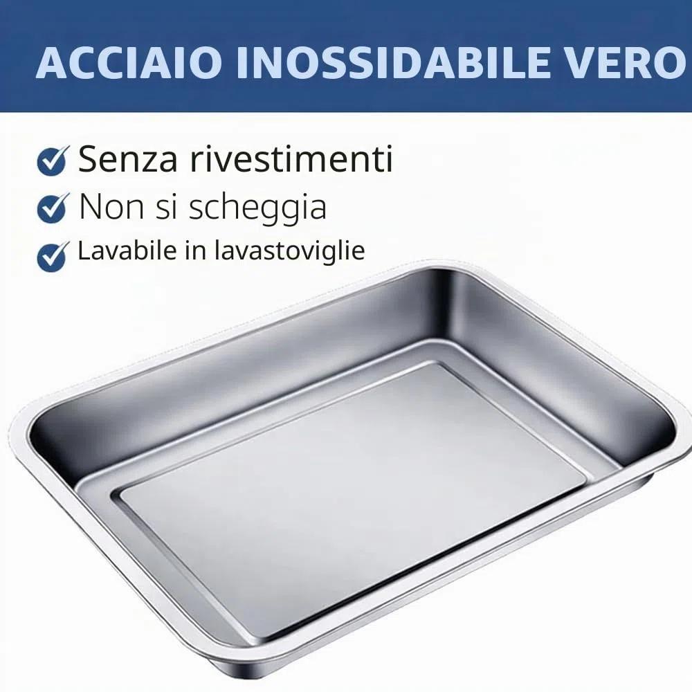 Vassoio da forno professionale in acciaio inox, antiaderente e resistente, dimensioni 45 x 35 x 4,8 cm, ideale per cuocere e servire