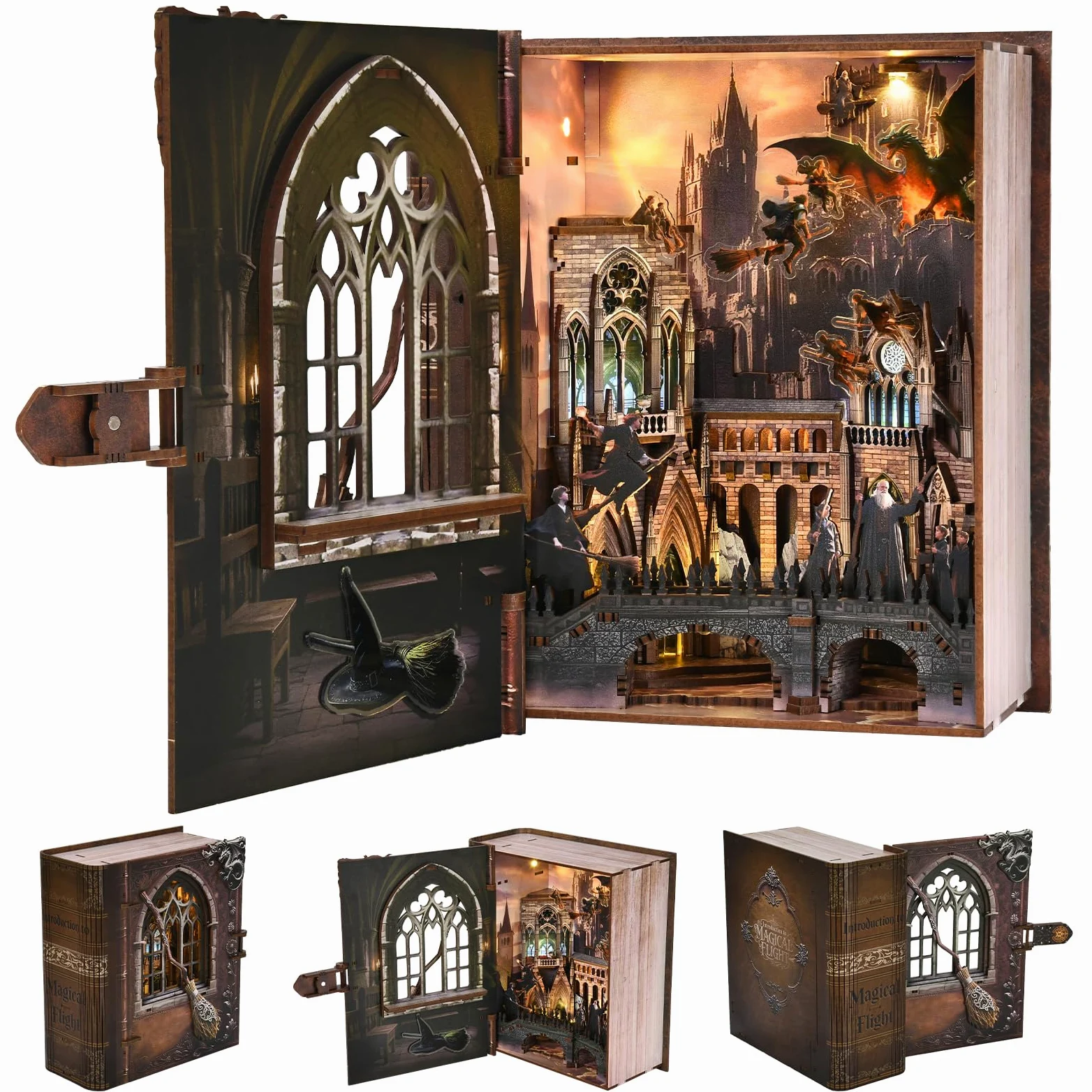 MiniCity Book Nook Kit – Puzzle in legno in miniatura con luci a LED 3D, fermalibri per libreria, decorazione regali creativi (introduzione a magical Flight)