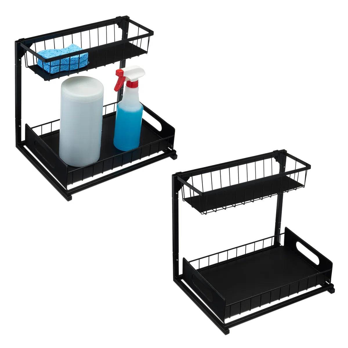 Amazon Basics, Organizer Portaoggetti Sottolavello con Inserti per Vassoi, a Forma di L, Organizer Estraibile per Armadietto, Vassoio Inferiore Scorrevole, Confezione da 2, Nero