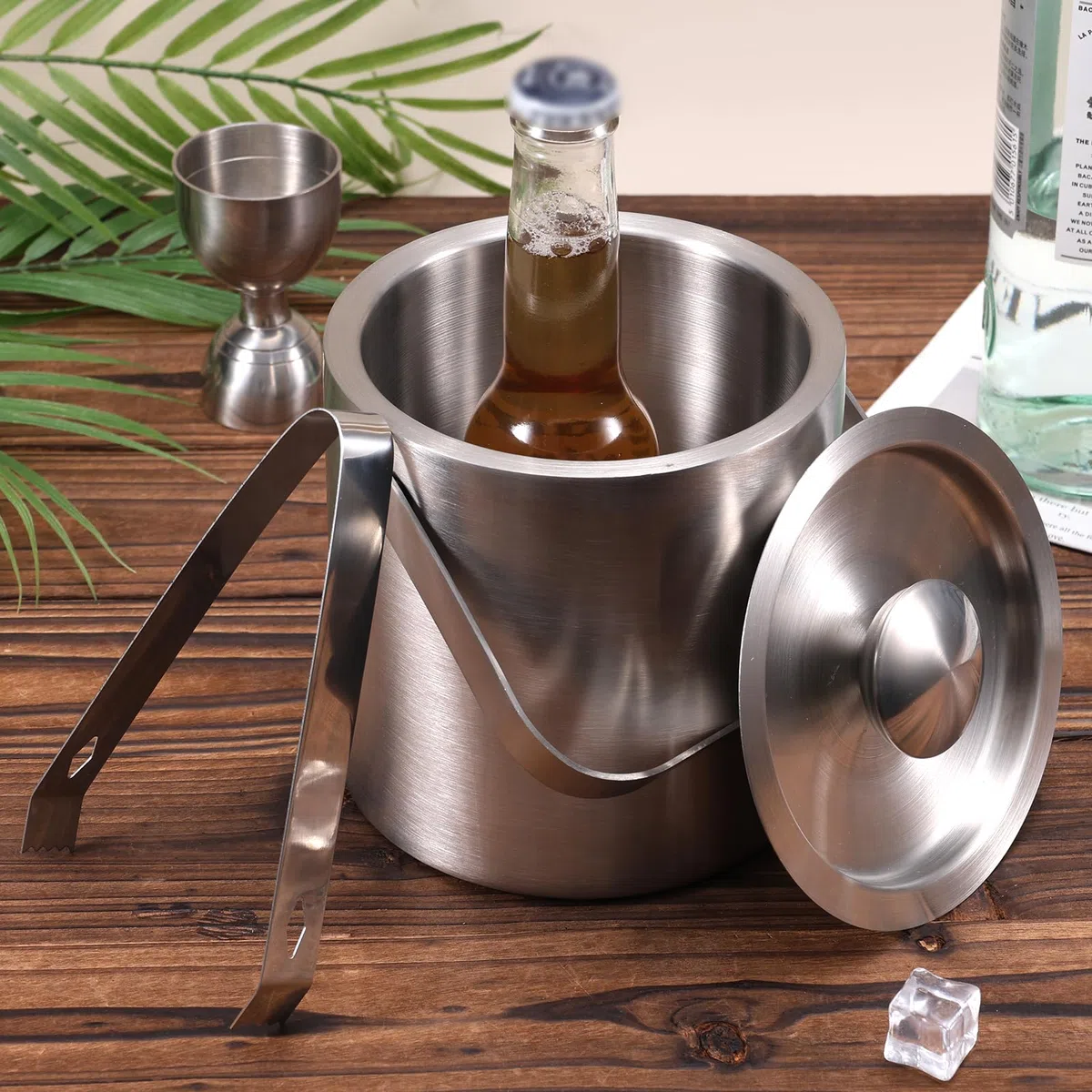 Gosknor Secchiello Ghiaccio in Acciaio Inox 1,3L con Coperchio e Pinze, Piccolo Contenitore Ghiaccio a Doppia Parete per Cocktail Birra Vino Mantiene Bevande Congelate più Lungo Casa Bar Feste