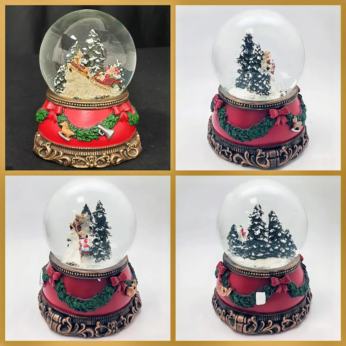 Palla di neve natalizia con carillon | Babbo Natale sul slitta | Base natalizia rossa con ghirlanda di abete | con musica | Palla di neve decorazione natalizia | L: 10 cm A: 14 cm | 20276