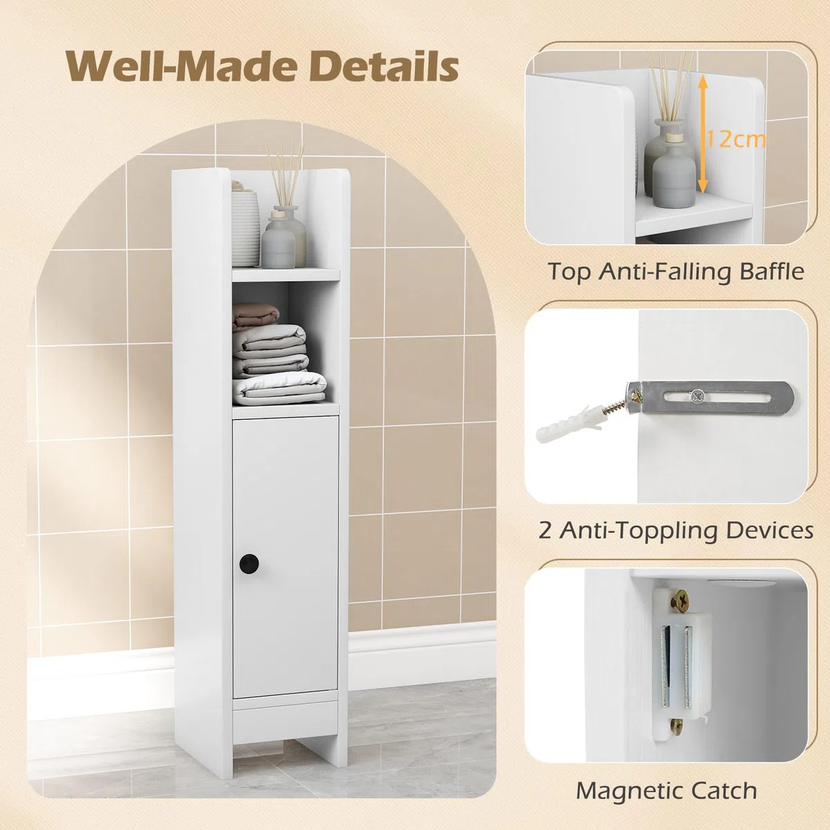 LIFEZEAL Armadietto portaoggetti da bagno stretto, mobile angolare compatto con porta chiusa e ripiani regolabili, mobile portaoggetti per bagno, lavanderia, soggiorno (bianco)