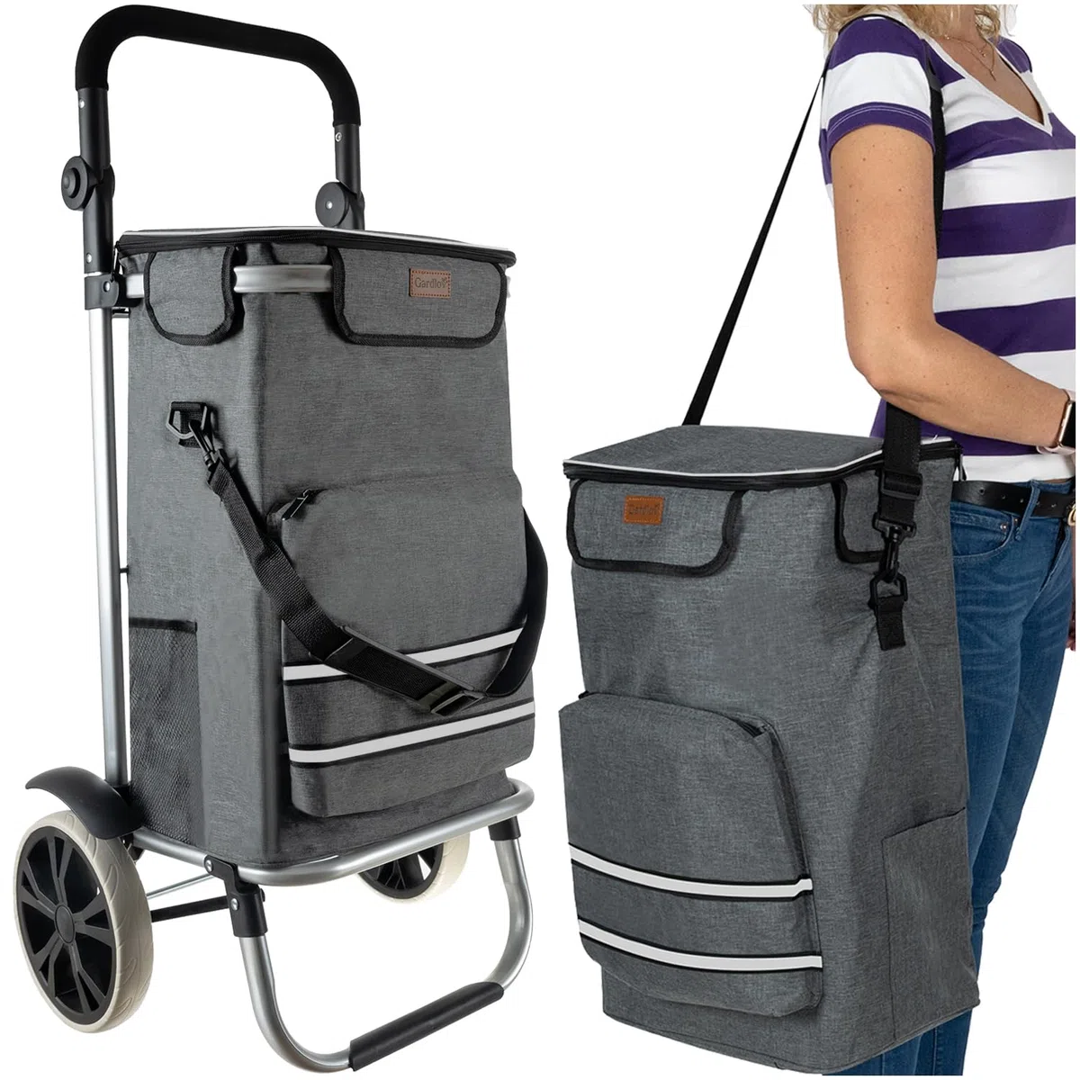 Trolley per la spesa con ruote e vano frigorifero, carrello della spesa, pieghevole, supermercato settimanale, grigio 23187