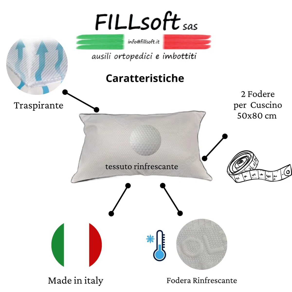 TAKImed,Coppia di Federe per Cuscini da Letto Rinfrescante ICEBERG tessuto Ipoallergenico e Traspirante. Il tuo sonno fresco e confortevole! 2 Fodere nella confezione. Prodotto in italia