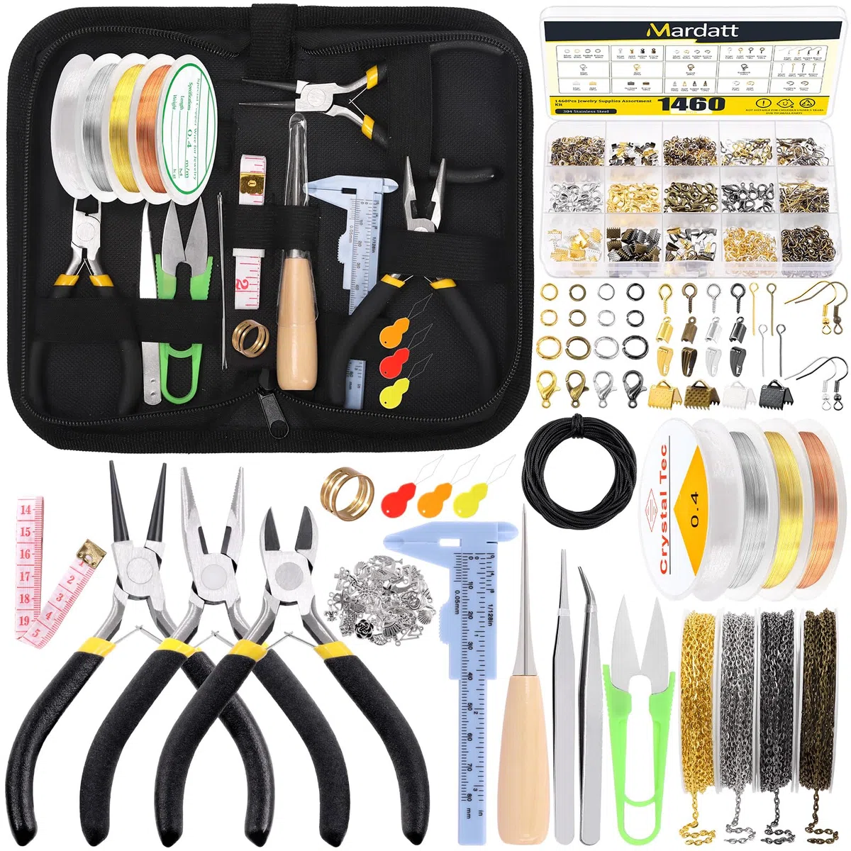 Mardatt Kit di forniture per la creazione di gioielli - 1587 pezzi include pinze, fili, ciondoli in argento, catene, apri anelli e pinzette per la riparazione di gioielli