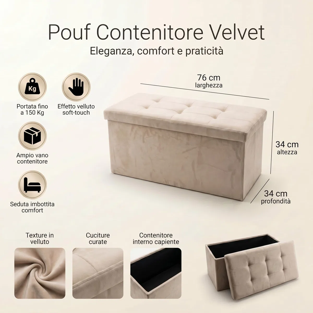 INTRECCI Pouf Contenitore, Panca per Sedersi Effetto Velluto, Rettangolare, 76x34x34 cm, Imbottito, Versatile, Facile da Pulire. Colore: Crema