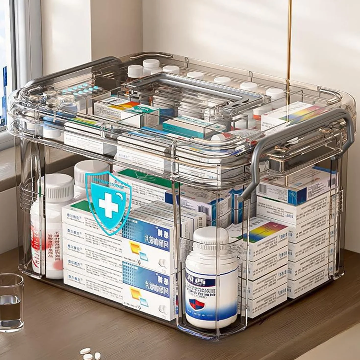Scatola per medicinali, porta medicin casa a Doppio Strato, medicine box con scomparti e manici, scatola porta medicine per Casa e Viaggi, 31x23x18.5 cm
