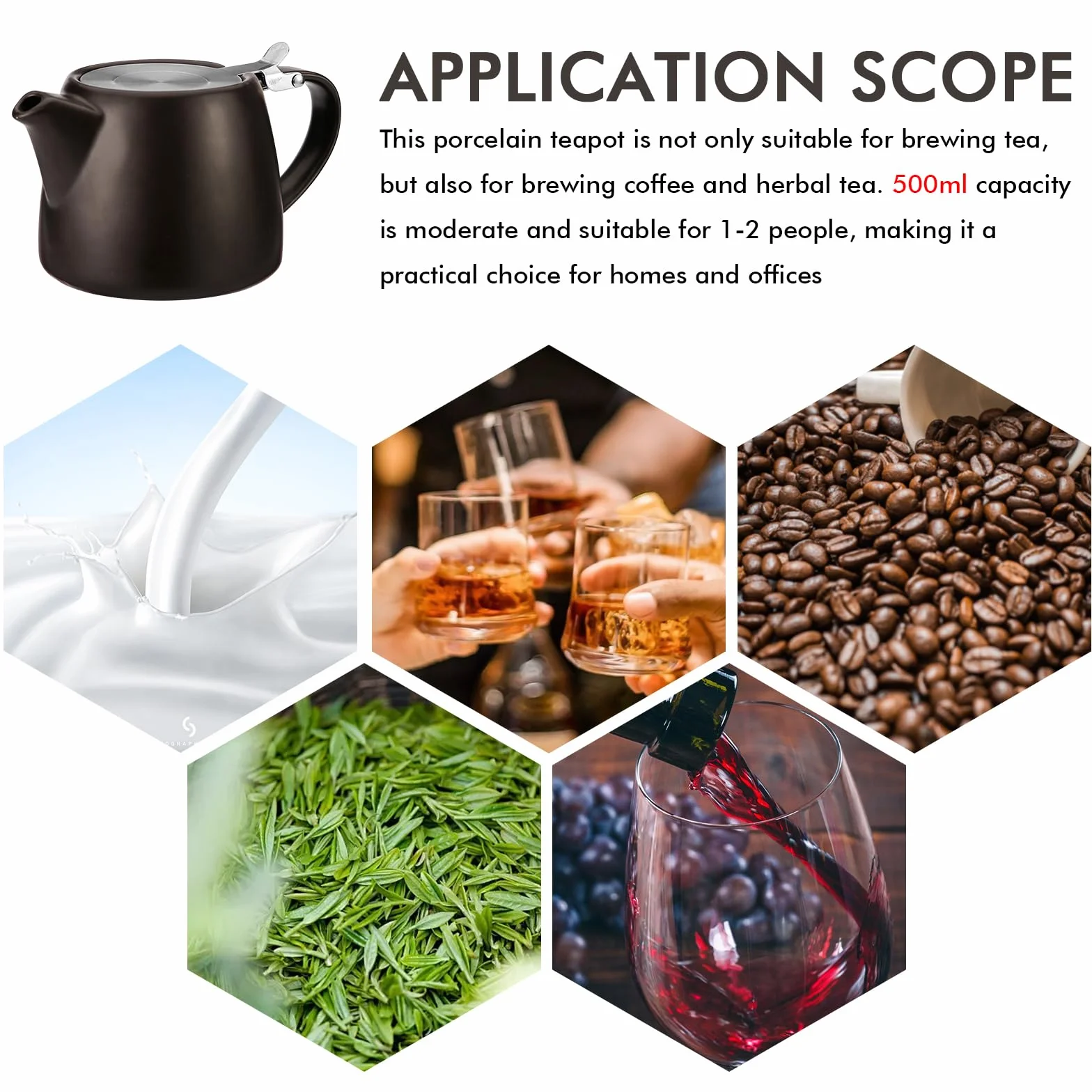 Teiera in porcellana: caffettiera in ceramica nera con infusore, 500 ml Teiera in ceramica con coperchio in acciaio inox, bollitore per caffè, stoviglie in porcellana, teiera da tè