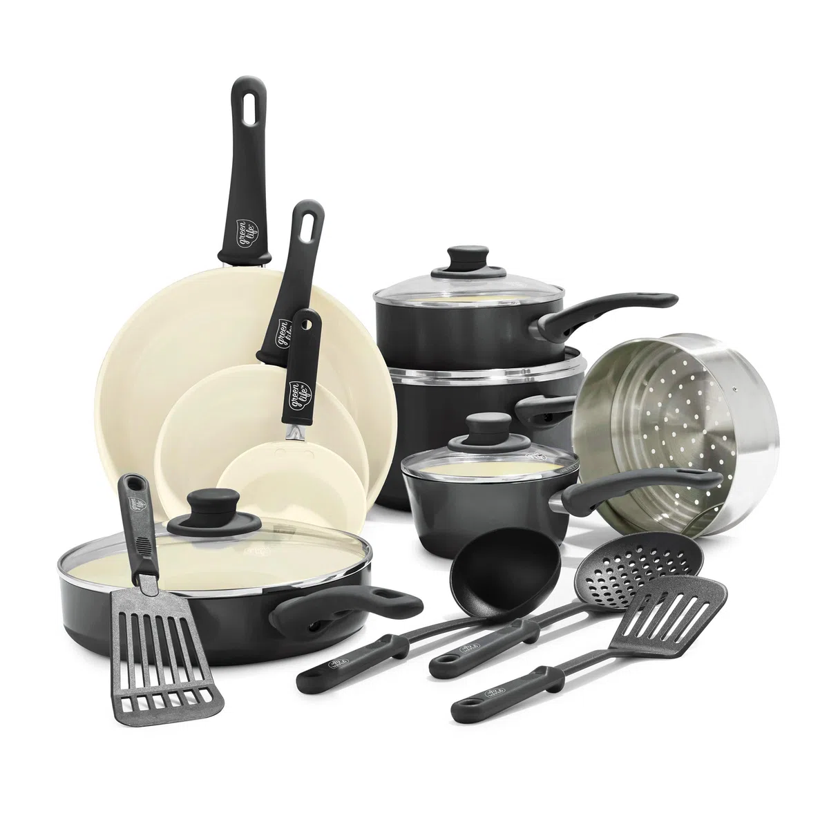 GreenLife Soft Grip Batteria di Pentole 16 Pezzi, Rivestimento Antiaderente senza PFAS, Padella 12/18/24 cm,Casseruola con Coperchi, Pentola 15/18 cm, Lavabile in Lavastoviglie, Nero e Crema