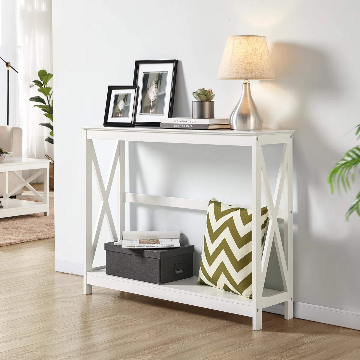 Yaheetech Mobile Ingresso Moderno Tavolino Consolle da Entrata Consolle da Divano a 2 Ripiani Stuttura a X Tavolo d Ingresso Salvaspazio 2 Livelli Soggiorno Corridoio 102 x 30 x 81 cm Bianco