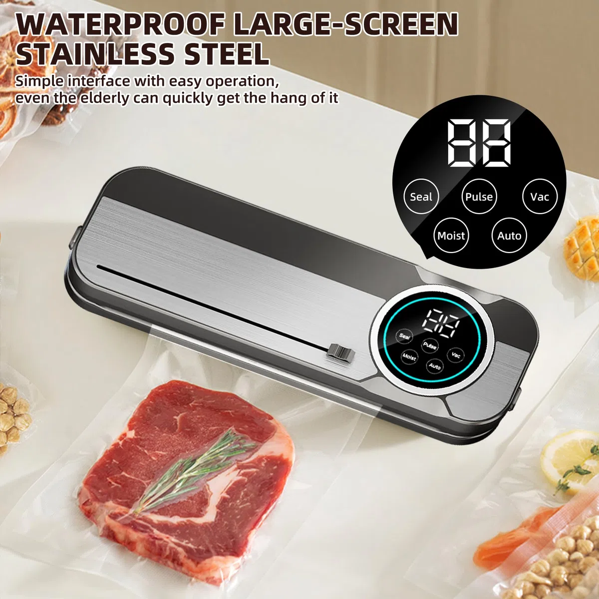 Macchina Sottovuoto Alimenti 6 in 1, Include 50 Sacchetti per Sottovuoto e 1 Tubo Per Contenitori, 75 Kpa, Sottovuoto Alimenti con Taglierina e Conto Alla Rovescia Digitale