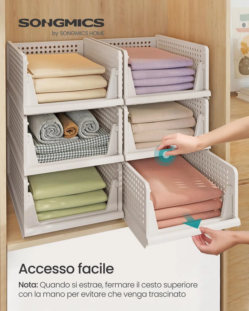 SONGMICS Organizer per Armadio Pieghevole, Set di 6 Organizzatori Cesti Impilabili Scorrevoli per Armadio, Cassetti in Plastica per Camera da Letto Ufficio Bagno, Bianco LPC600WZ01
