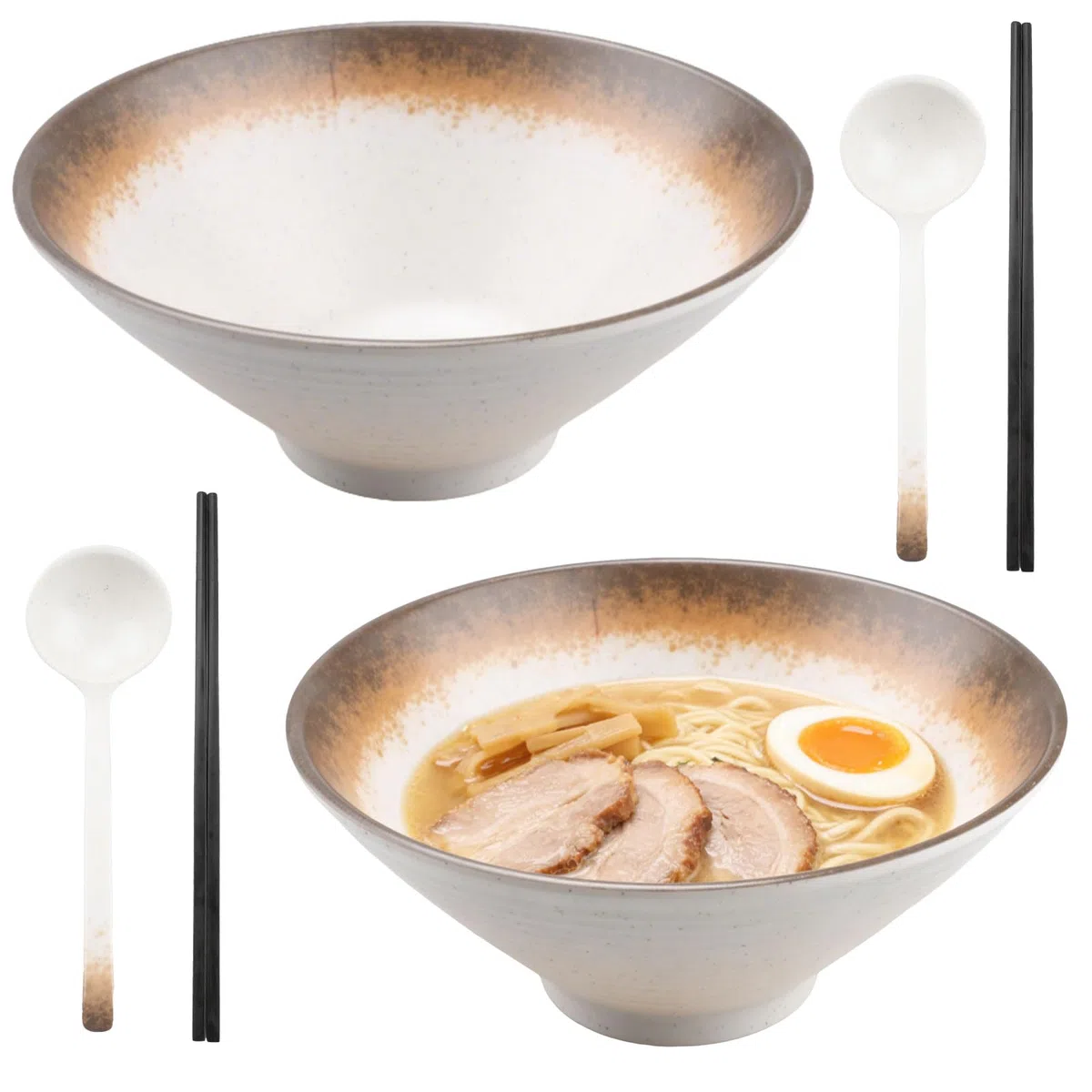 2 Set Ciotola Ramen In Plastica Melamminica Grande Ciotole Ramen Giapponese Con Cucchiai e Bacchette per Pasta Zuppa di Noodles,1100ml