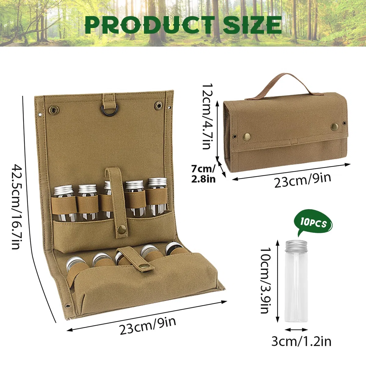 Borsa Porta Spezie Portatile, Kit Di Spezie Da Campeggio Con 10 Bottiglie Di Condimento, Portaspezie Portatile Con Custodia Pieghevole, Contenitori Per Condimenti Per Viaggi (Cachi)