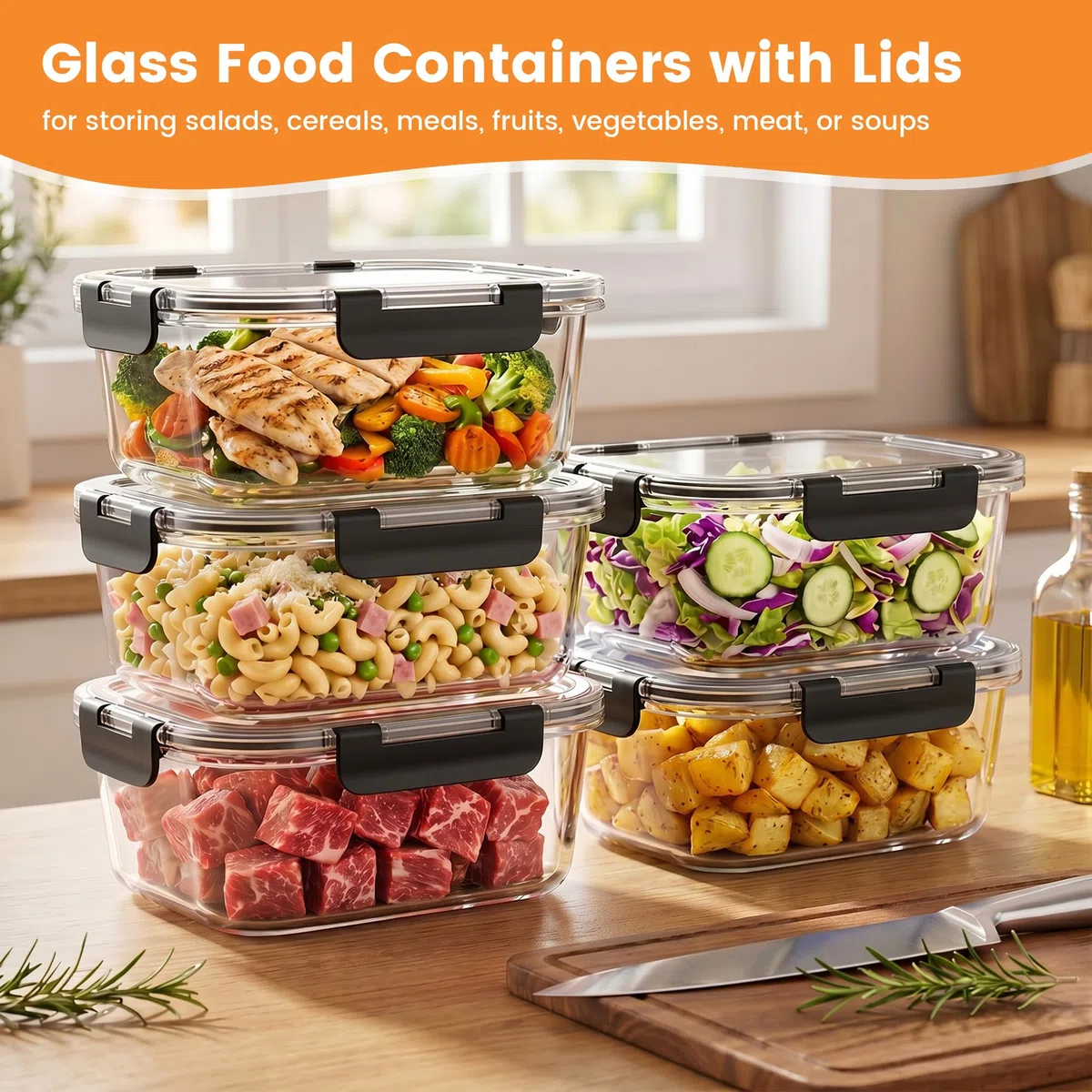 Zocipro 5pcs 1000ml Contenitori per Alimenti Ermetici in Vetro Borosilicato con Coperchio,Ermetici e a Prova di Perdite, Contenitore Ermetico per Alimenti, Adatti a Forno, Microonde e Lavastoviglie