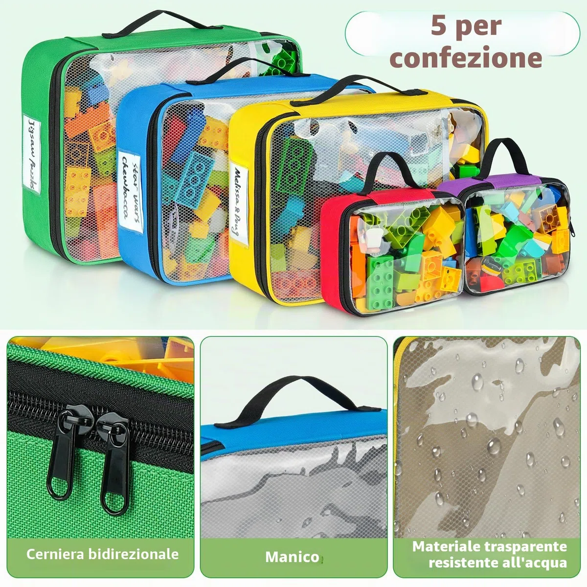 Sacchetti per riporre giocattoli compatibili con mattoncini Lego, 5 pezzi organizer da viaggio per giocattoli per bambini blocchi da costruzione, macchinine giocattolo, puzzle con tasca a rete e tasca