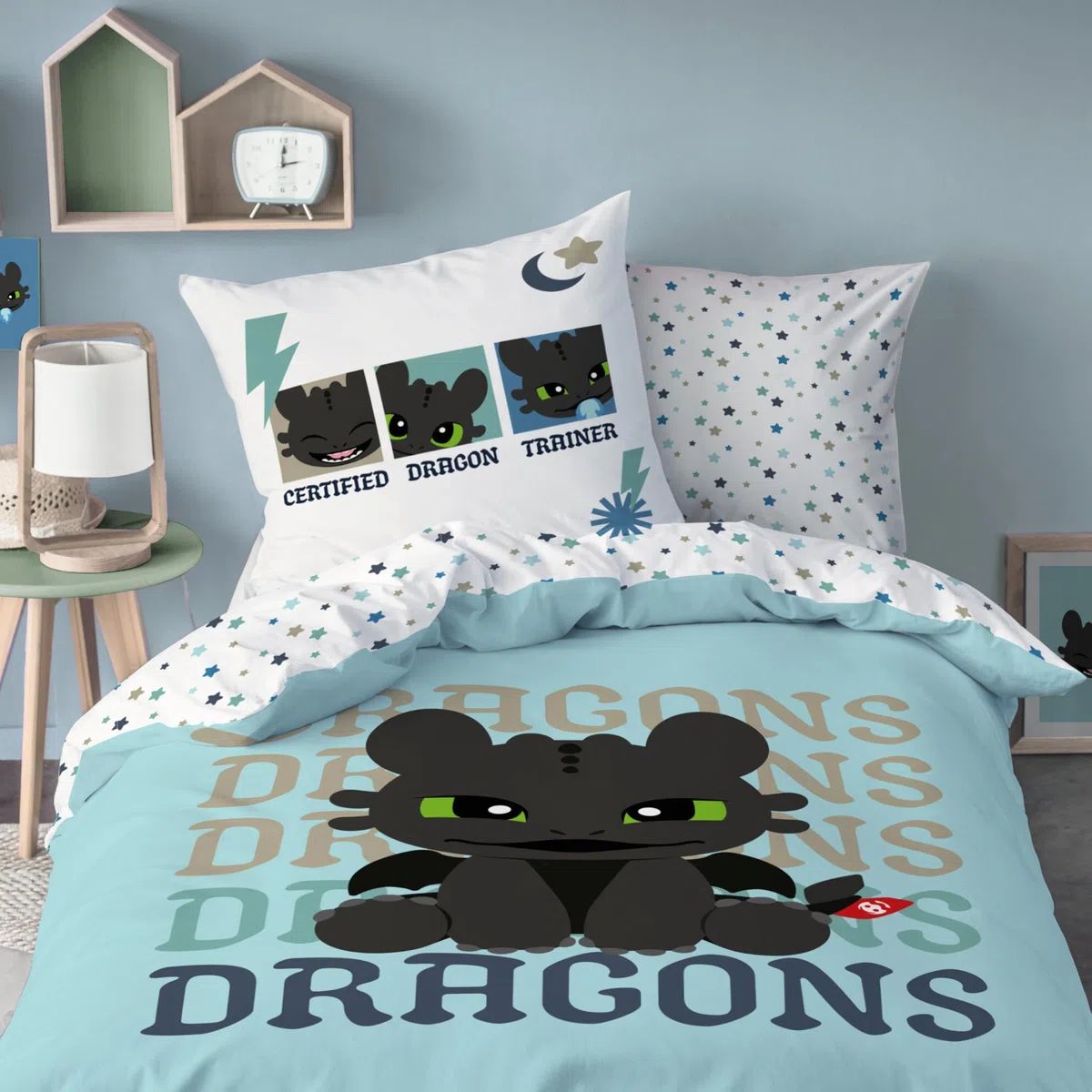 MTOnlinehandel Biancheria da letto Dragons 135 x 200 + 80 x 80 cm, biancheria da letto per bambini, 100% cotone, motivo reversibile, set di biancheria da letto per ragazzi, chiusura lampo, idea regalo